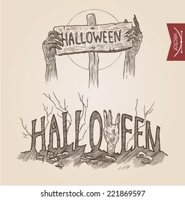 Halloween zombie party hands posters handdrawn engraving style template banner print web site set pen pencil crosshatch hatching paper painting retro vintage vector lineart illustration.