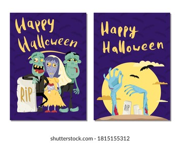 Halloween zombie party. Happy halloween zombie hand and undead creature monster young family in spooky outfit design. Autumn holiday congratulation party invitation. Vector greeting card illustration