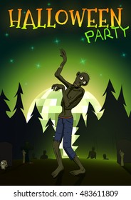 Halloween Zombie Party on green disco ball moon background. Vector illustration