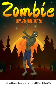 Halloween Zombie Party on orange moon background. Vector illustration