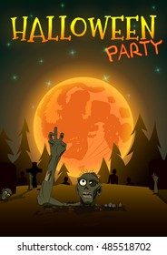 Halloween Zombie Party on orange moon background. Vector illustration