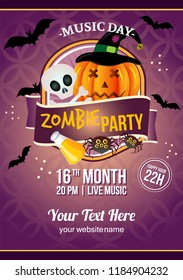 halloween zombie party poster with funny face pumpkin