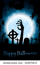 Halloween Zombie Party Poster. Holiday Card with Zombie Hands.