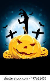 Halloween Zombie Party Poster with Pumpkins and Moon.