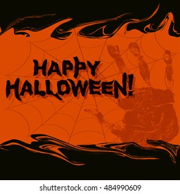 Halloween Zombie Party Poster in vector format. Halloween card background with hand and spaiderweb.
