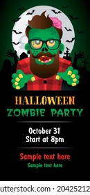 Halloween Zombie Party theme on green background. Halloween poster with zombie hipster. Vector illustration