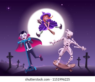 Halloween zombie party. Vampire, witch and mummy rush to masquerade. Vector cartoon illustration