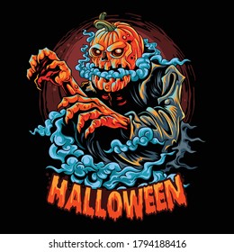 a halloween zombie with a pumpkin head filled with smoke coming out of its mouth. editable layers vector artwork