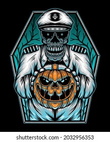 Halloween zombie with a pumpkin head. Premium vector