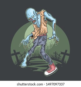 halloween zombie rise from graveyard illustration vector