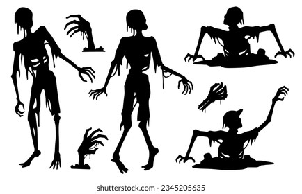 Halloween zombie set with walking dead and zombie hands. Fear collection of apocalypse elements for halloween night or happy witchcraft party