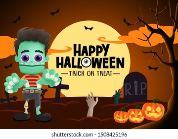 Halloween zombie vector background. Happy halloween trick or treat greeting text in moon light and empty space for message with scary zombie character and bats elements in dark cemetery background.