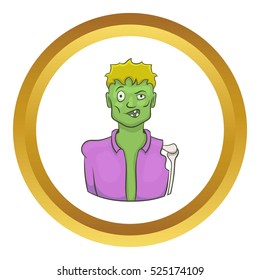 Halloween zombie vector icon in golden circle, cartoon style isolated on white background