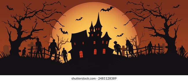 Halloween zombies in a cemetery, bats, a scary castle against the backdrop of a creepy big orange moon. Holiday flyer, poster or banner. Vector illustration. The living Dead.