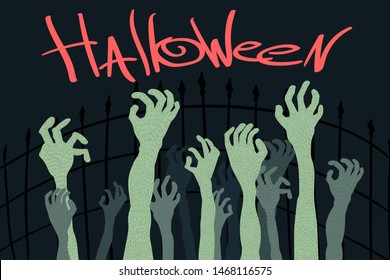 halloween zombies hand in a graveyard Vector cartoon illustration.