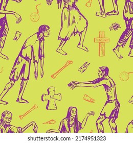 Halloween zombies sketches seamless pattern. Ornament of tombstones, walking dead people, scary monsters, graves, bones. Vector illustration in retro engraving style.