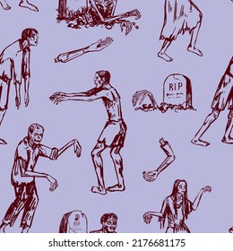 Halloween zombies sketches seamless pattern. Ornament of tombstones, walking dead people, scary monsters, graves. Vector illustration in retro engraving style.