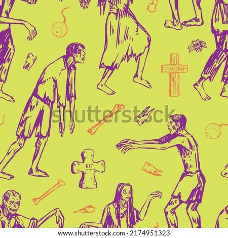 Halloween zombies sketches seamless pattern. Ornament of tombstones, walking dead people, scary monsters, graves, bones. Vector illustration in retro engraving style.