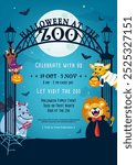 Halloween At the Zoo poster invitation vector illustration. Cute animals in halloween costume at zoo gate	