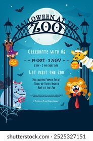 Halloween At the Zoo poster invitation vector illustration. Cute animals in halloween costume at zoo gate	