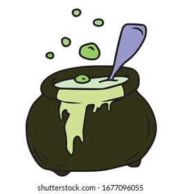 Halloween.A cauldron of boiling potion.Vector children's illustration on a white isolated background.