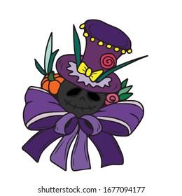 Halloween.A potsherd in a hat with a bow and decorated with a pumpkin and flowers.Vector illustration on a white isolated background.