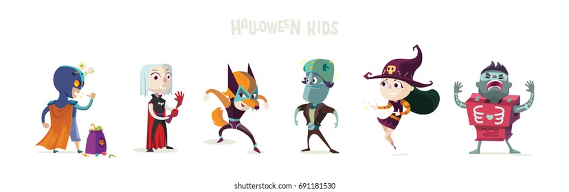 Halloween.Children in Halloween costume. Halloween kids.Set of superhero kids. Children in bright costumes of monsters:frankenstein,witch,zombie, vampire,werewolf.Vivid characters for advertising.