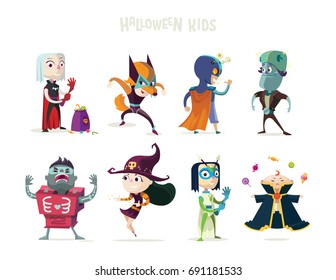 Halloween.Children in Halloween costume. Halloween kids.Set of superhero kids. Children in bright costumes of monsters: Frankenstein, Witch, Zombie, Vampire,Werewolf.Vivid characters for advertising.