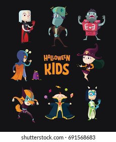 Halloween.Children in Halloween costume. Halloween kids.Set of superhero kids. Children in bright costumes of Monsters:Frankenstein,Witch,Zombie, Vampire,Werewolf.Vivid characters for advertising.