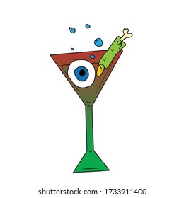 Halloween.Cocktail with an eye and a finger.Vector children's illustration on a white isolated background.