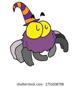 Halloween.Cute spider with swirling eyes n the hat.Vector children's illustration on a white isolated background.