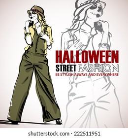 Halloween/Day of The Dead. Vector illustration with woman.