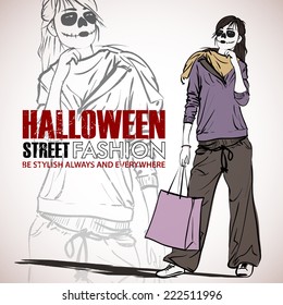 Halloween/Day of The Dead. Vector illustration with woman.