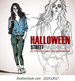 Halloween/Day of The Dead. Vector illustration with woman.