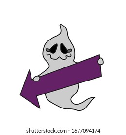 Halloween.Funny Ghost holds the direction arrow.Vector illustration on a white isolated background.