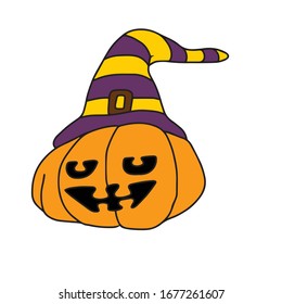 Halloween.Funny pumpkin in a striped hat .Vector children's illustration on an isolated background.coloring