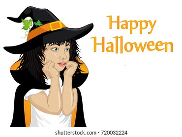 Halloween.Girl in hat and witch costume is surprised. wow. Vector. Thinking bubble with pumpkin inside. Greeting card or invitation for holiday or party. Pop art.