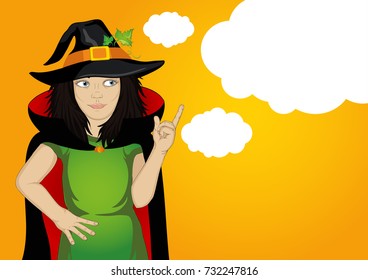 Halloween.Girl in hat and witch costume is surprised shows his finger in the direction of a thinking bubble. wow. Vector. Greeting card  for holiday. Free space for your ad.  Discount and sale.