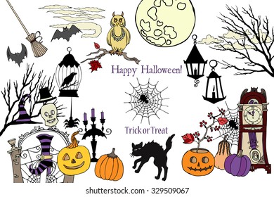 Halloween.Halloween card. Background with  hand drawn elements.Halloween decorations with  pumpkin, cat, ghost, hours, castle, moon and trees. Vector Illustration