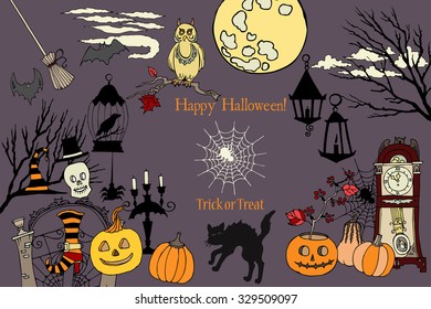 Halloween.Halloween card. Background with  hand drawn elements.Halloween decorations with  pumpkin, cat, ghost, hours, castle, moon and trees. Vector Illustration