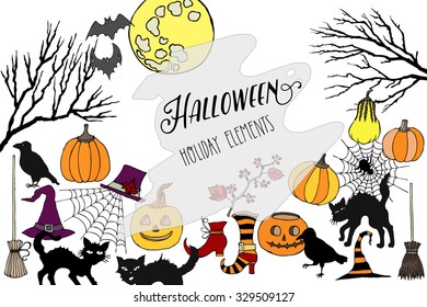 Halloween.Halloween card. Background with  hand drawn elements.Halloween decorations with  pumpkin, cat, ghost, moon and trees. Vector Illustration
