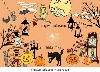 Halloween.Halloween card. Background with  hand drawn elements.Halloween decorations with  pumpkin, cat, ghost, hours, castle, moon and trees. Vector Illustration