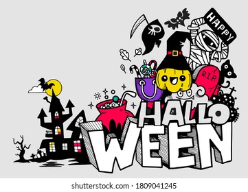 Halloween,Hand Drawn illustrator line tools drawing,Flat Design ,Doodle style