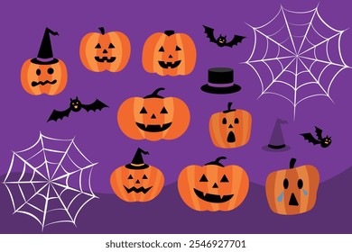 Ilustración vectorial inspirada en Halloween con calabaza, Web de araña y murciélagos.