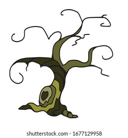 Halloween.Intimidating green tree.Vector children's illustration on a white isolated background.