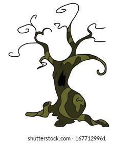 Halloween.Intimidating green tree.Vector children's illustration on a white isolated background.