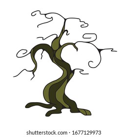 Halloween.Intimidating green tree.Vector children's illustration on a white isolated background.