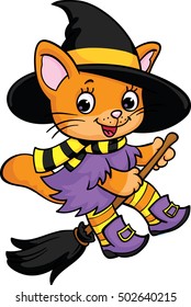 Halloween.Kitten on a broomstick. Witch. Cartoon character. Vector illustration on white background.