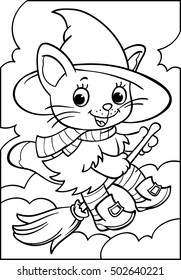 Halloween.Kitten on a broomstick. Witch. Cartoon character. Coloring. Vector illustration on white background.