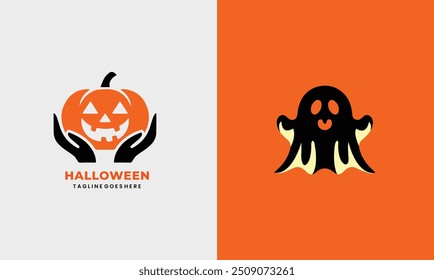 Halloween logo halloween icono feliz fiesta saludo logotipo diseño de cartón símbolo único muestra moderna Halloween divertida cara linda